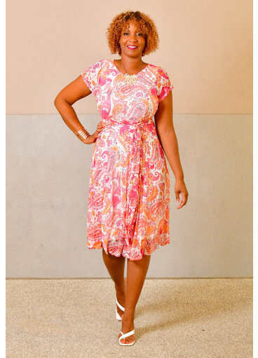 HARPER 241 MARIONA- Printed Cap Sleeve Dress with Tie