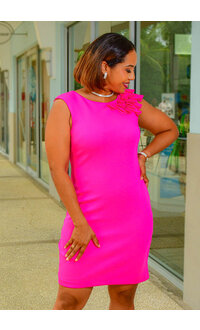 UREEN- Solid Dress with Flower Design On Shoulder