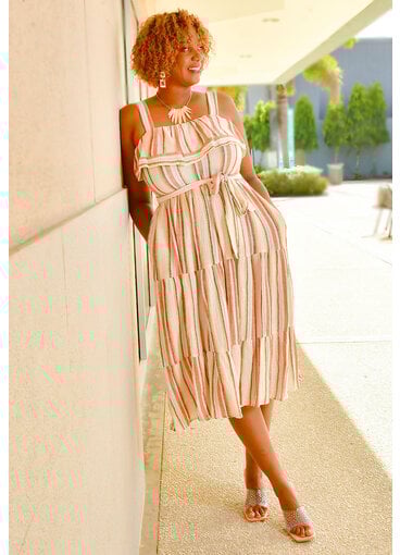 Maison Tara KENYA- Stripe Cold Shoulder Dress with Band