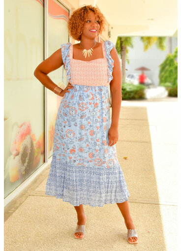 MARISSA OLIVIA GUS- Printed Square Neck Dress with Ruff Strap