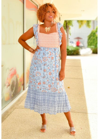 MARISSA OLIVIA GUS- Printed Square Neck Dress with Ruff Strap