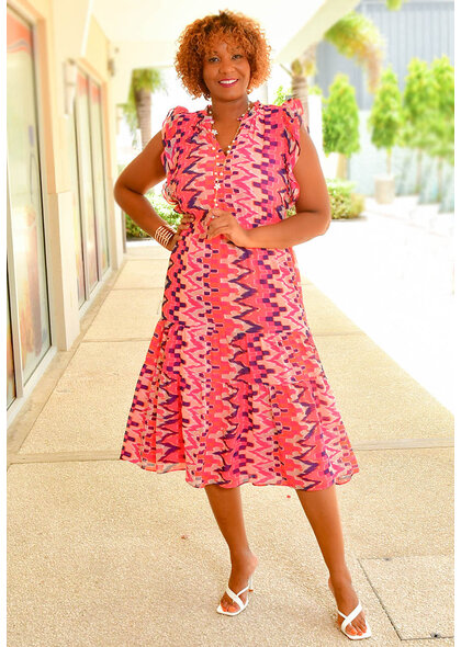 Sandra Darren FAWZI- Printed Dress with Frill Arms & Neck