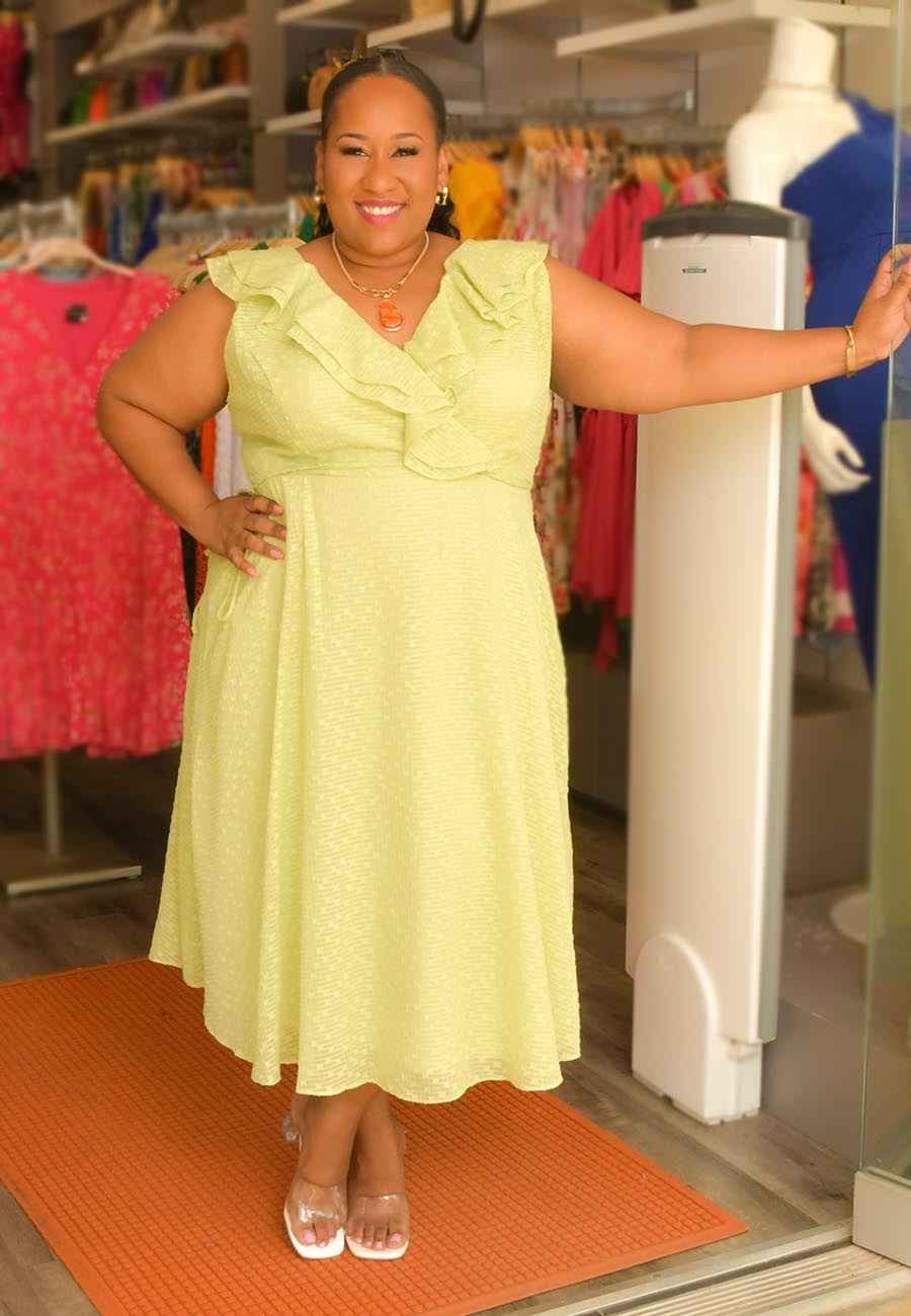 FRIGIA- Plus Size Solid Frill Neck Dress with String - Harmonygirl.com