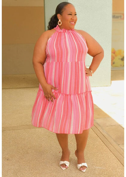 MLLE Gabrielle GEORGE- Plus Size Stripe Armhole Dress with Elastic Neck