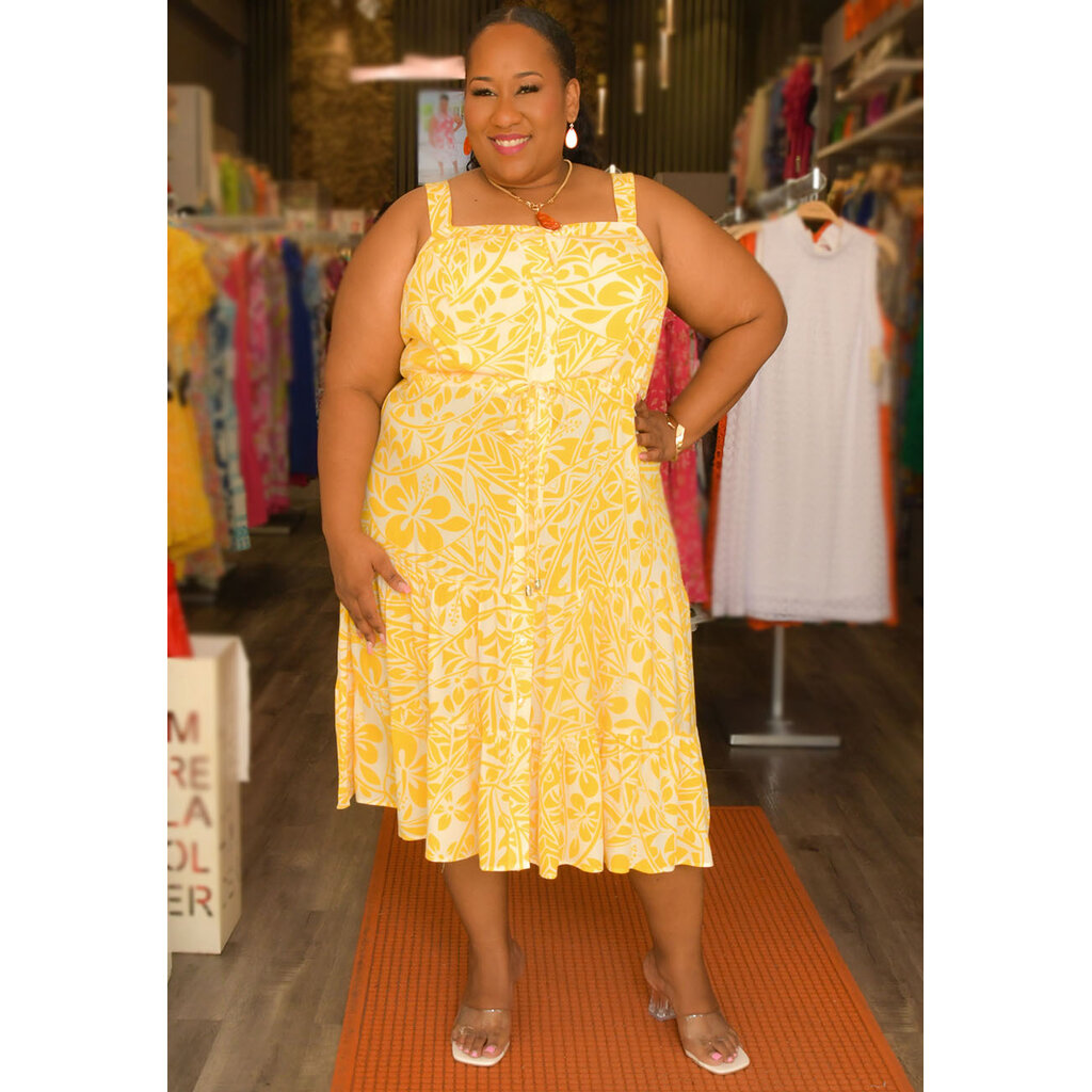 KOEL- Plus Size Printed Button Down Dress with Band
