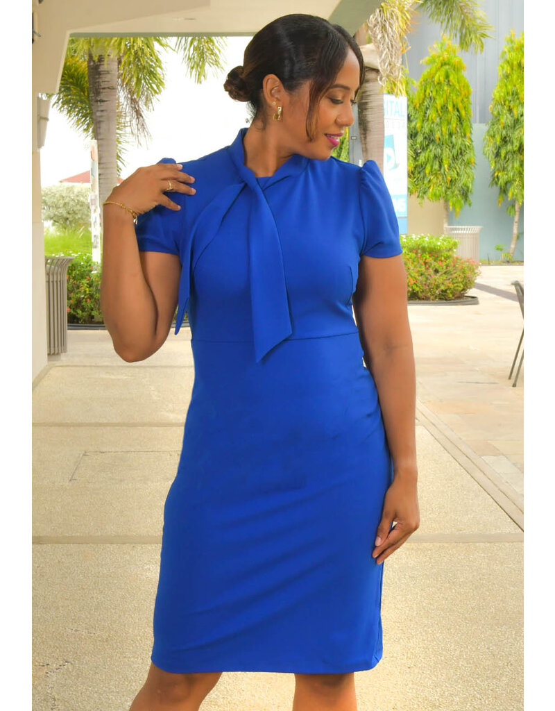 ROLOU- Solid Short Sleeve Tie Neck Dress
