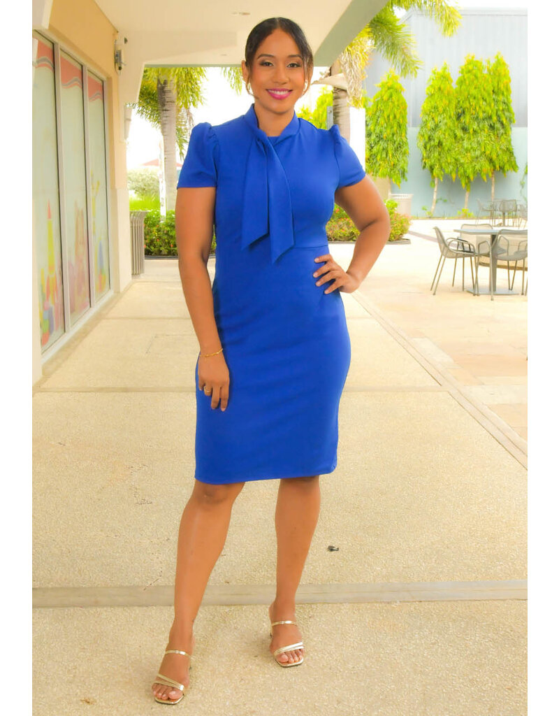ROLOU- Solid Short Sleeve Tie Neck Dress