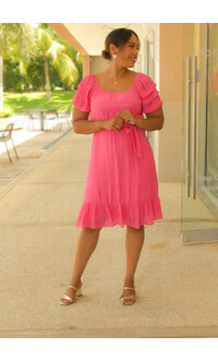 GENIA- Solid Puff Sleeve Dress with Frill Hem