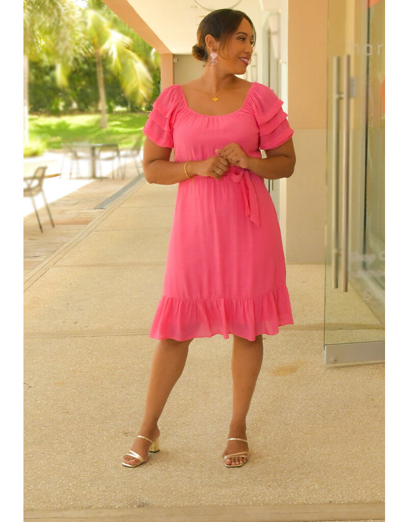 GENIA- Solid Puff Sleeve Dress with Frill Hem