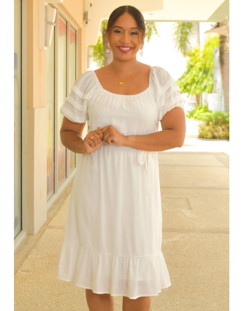 GENIA- Solid Puff Sleeve Dress with Frill Hem