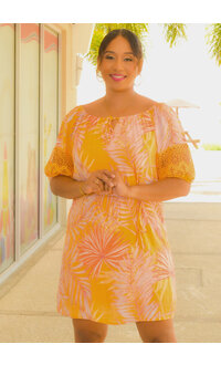 MLLE Gabrielle GIYA- Palm Print Dress with Crochet Sleeves
