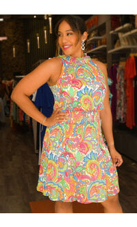 NINETY CLOTHING RAFFI- Printed Armhole Dress with Elastic Neck