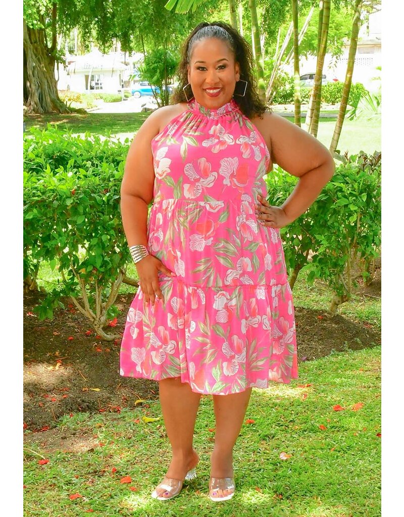 MLLE Gabrielle GEORGE- Plus Size Floral Armhole Elastic Hi Neck Dress