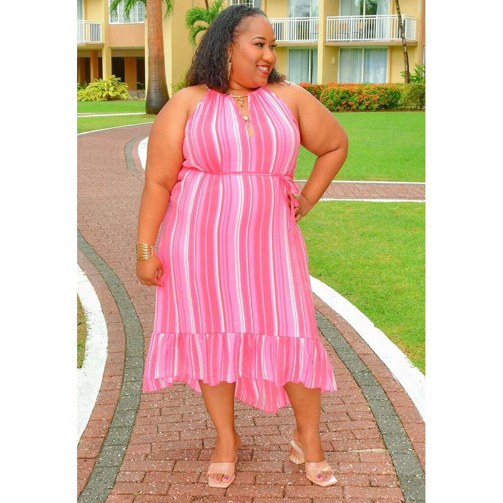 GIANA- Plus Size Stripe Hi Low Dress with Band