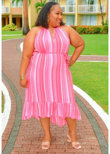 MLLE Gabrielle GIANA- Plus Size Stripe Hi Low Dress with Band