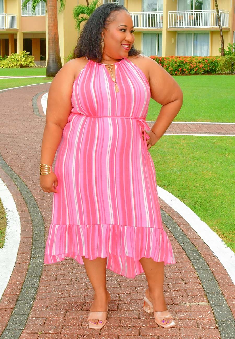 GIANA- Plus Size Stripe Hi Low Dress with Band - Harmonygirl.com