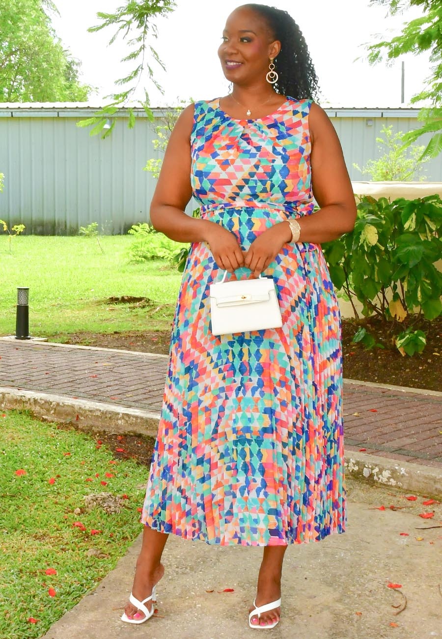 FIORE- Long Printed Steam Pleat Dress with Band - Harmonygirl.com