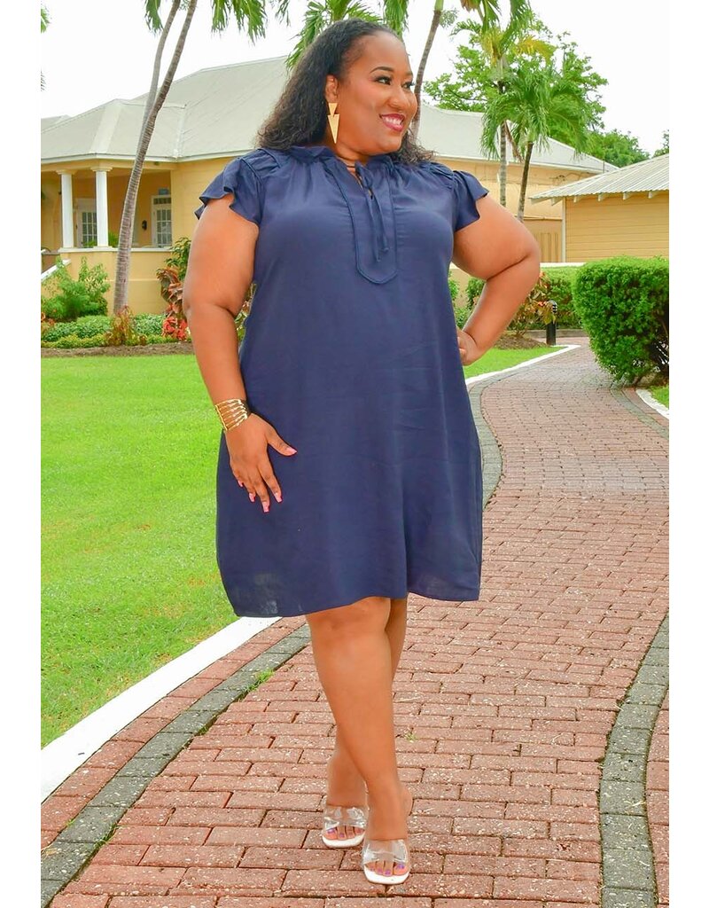Robbie Bee KELIX- Plus Size Solid Frill Neck Dress with Tie