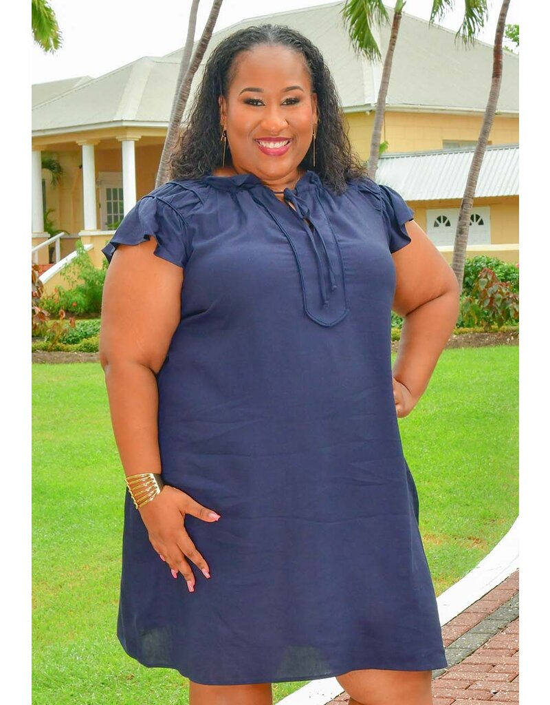 Robbie Bee KELIX- Plus Size Solid Frill Neck Dress with Tie