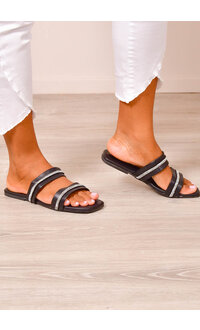 PENNE PU 2 Strap Leather Slippers with Rhinestones