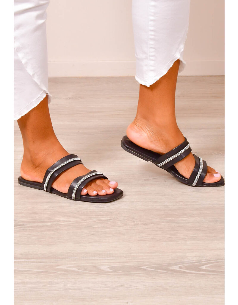 PENNE PU 2 Strap Leather Slippers with Rhinestones
