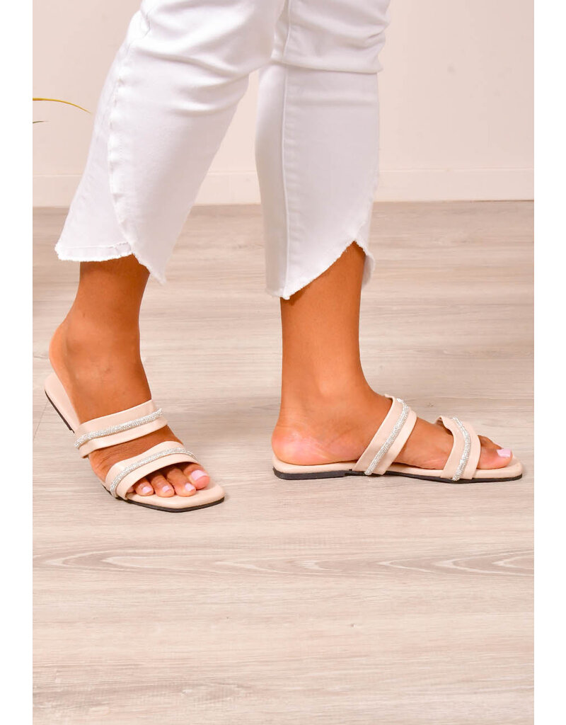 PENNE PU 2 Strap Leather Slippers with Rhinestones