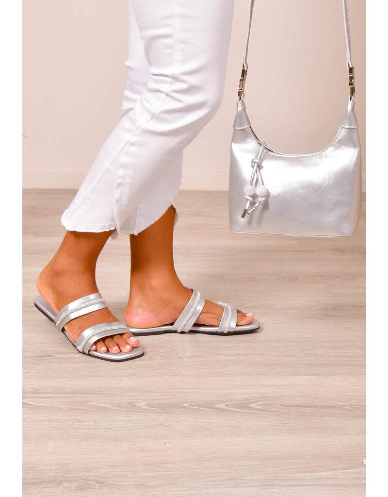PENNE PU 2 Strap Leather Slippers with Rhinestones
