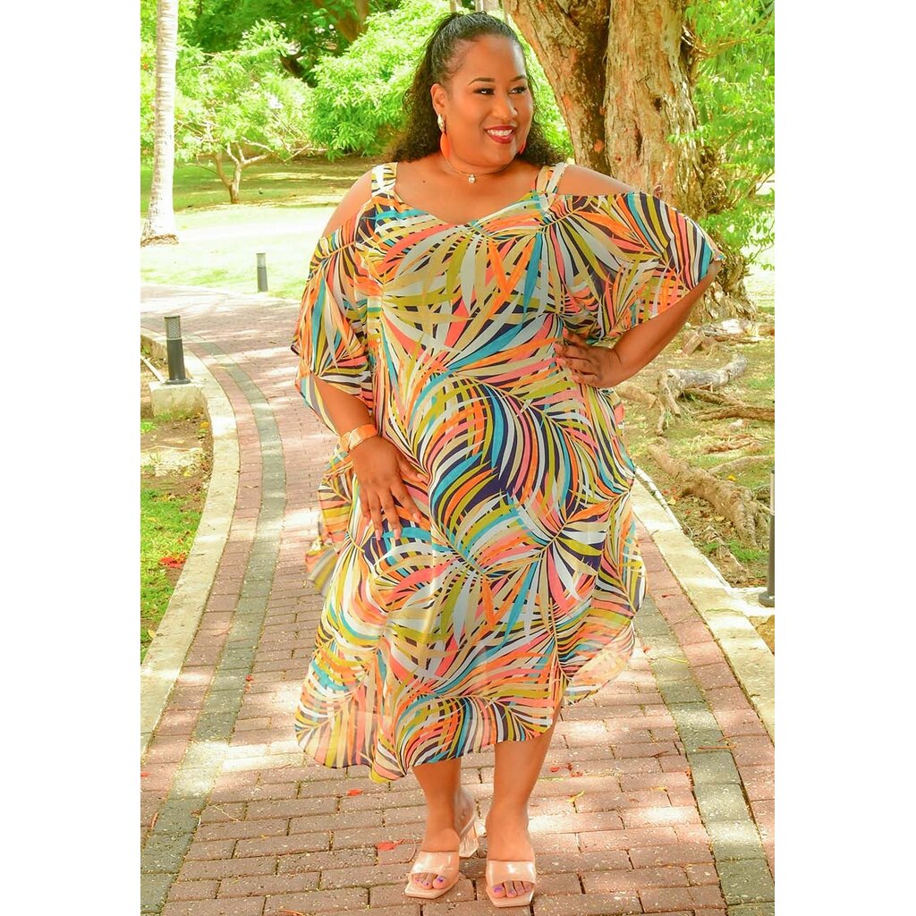 KIJIO- Plus Size Printed Cold Shoulder Dress