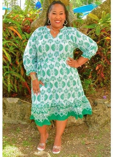 MLLE Gabrielle KIRRY- Plus Size Printed Spilt Neck 3/4 Sleeve Dress