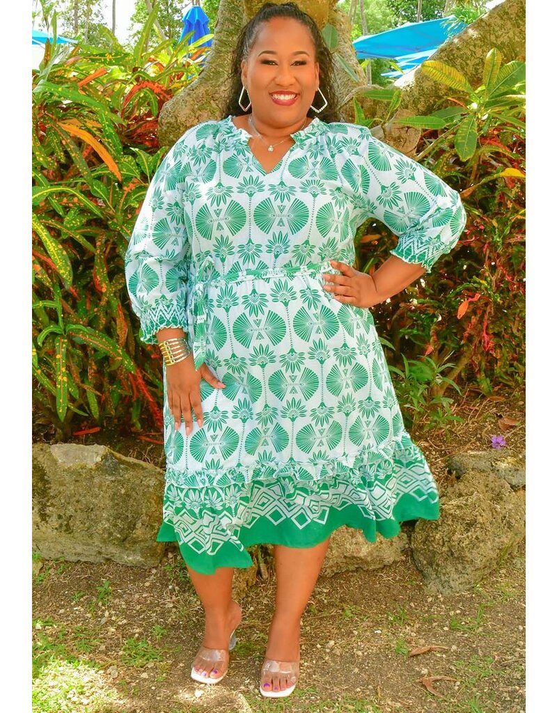 MLLE Gabrielle KIRRY- Plus Size Printed Spilt Neck 3/4 Sleeve Dress