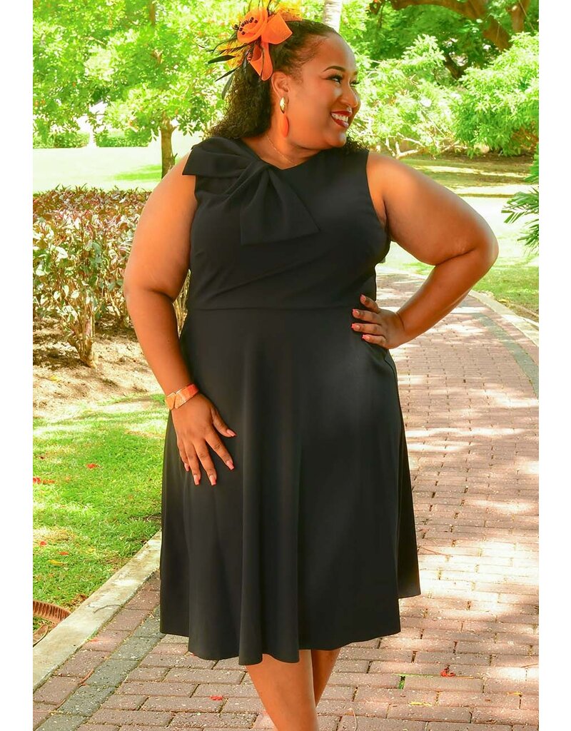 GLAMOUR RALK- Plus Size Solid Flare Dress with Bow
