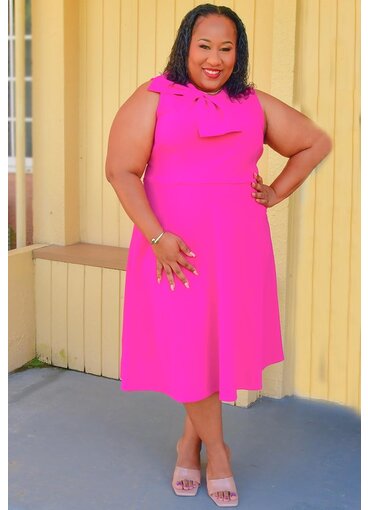 GLAMOUR RALK- Plus Size Solid Flare Dress with Bow