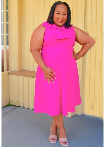 GLAMOUR RALK- Plus Size Solid Flare Dress with Bow