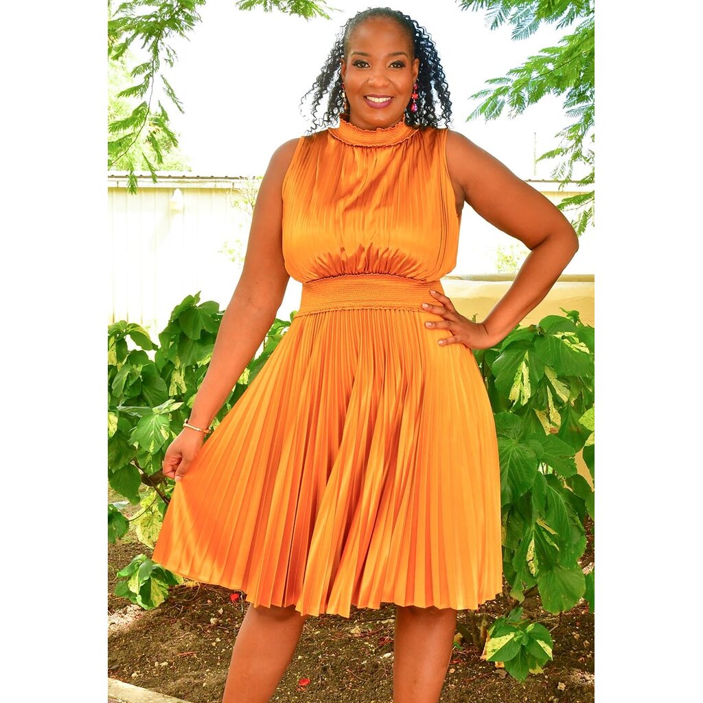 SANTOS- Solid Pleated Dress with Elastic Neck