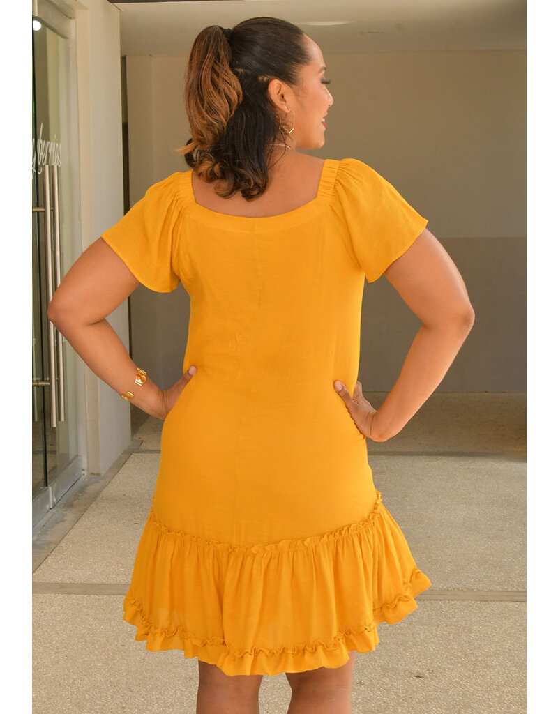 Signature GITTEL- Solid Off Should Dress with Frill Sleeve