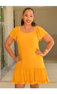 Signature GITTEL- Solid Off Should Dress with Frill Sleeve