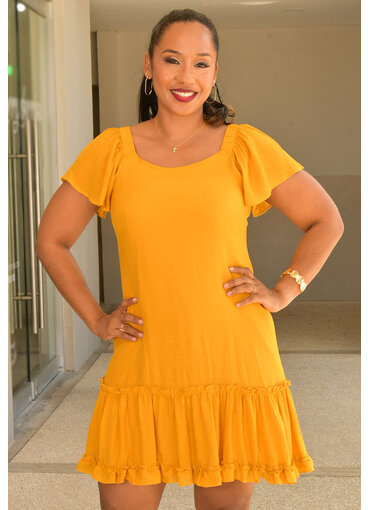 Signature GITTEL- Solid Off Should Dress with Frill Sleeve