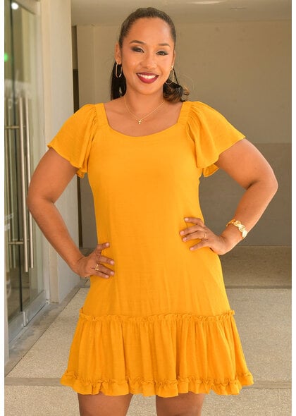 Signature GITTEL- Solid Off Should Dress with Frill Sleeve