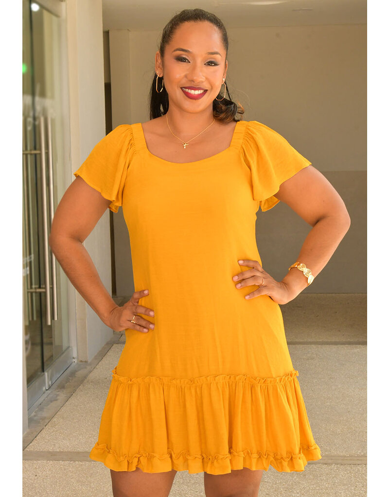 Signature GITTEL- Solid Off Should Dress with Frill Sleeve