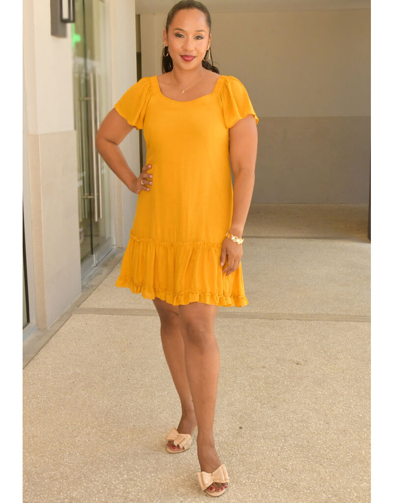 Signature GITTEL- Solid Off Should Dress with Frill Sleeve