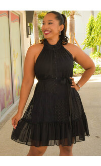 FINBIN- Hi Neck Dress with  Lace Patches