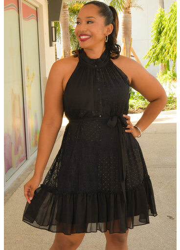 FINBIN- Hi Neck Dress with  Lace Patches