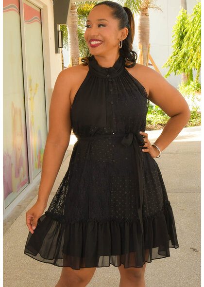 FINBIN- Hi Neck Dress with  Lace Patches