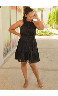 FINBIN- Hi Neck Dress with  Lace Patches