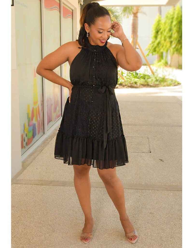 FINBIN- Hi Neck Dress with  Lace Patches