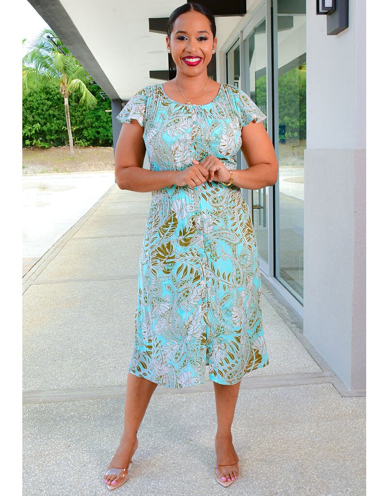 SUNNY LEIGH FATHOL- Printed Button Down Frill Sleeve Dress