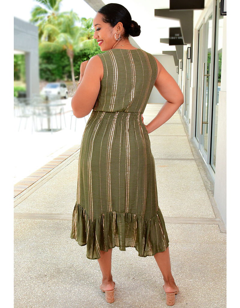 KUSA- Gold Stripe Dress with Elastic Waist