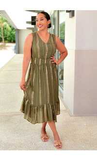 KUSA- Gold Stripe Dress with Elastic Waist