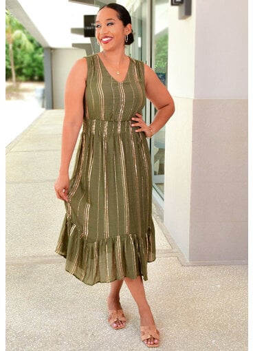 KUSA- Gold Stripe Dress with Elastic Waist