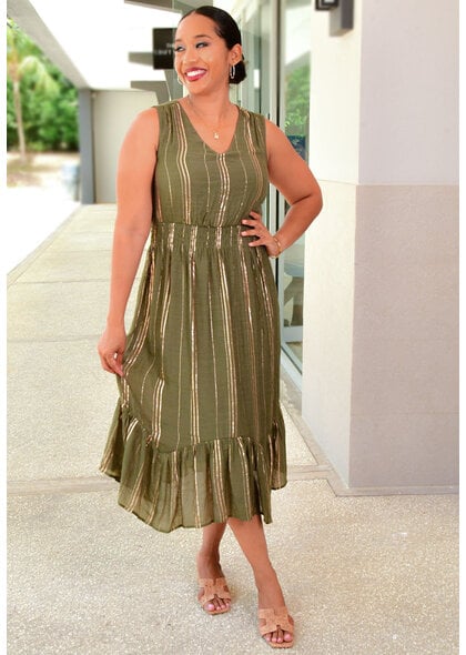 KUSA- Gold Stripe Dress with Elastic Waist